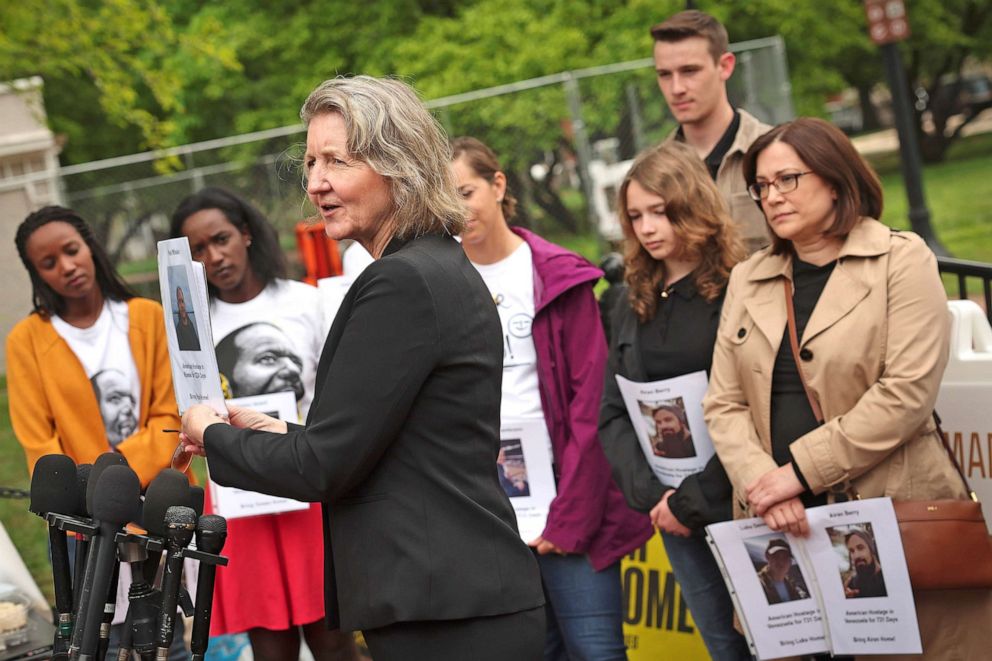 PHOTO: Elizabeth Whelan, sister of Paul Whelan, speaks during a press conference  in Lafayette Park near the White House to launch the "Bring Our Families Home Campaign" held by family members of hostages, on May 4, 2022 in Washington, D.C.