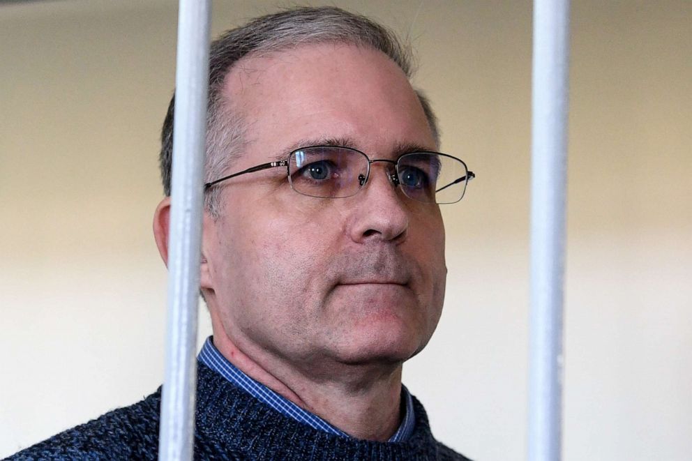 PHOTO: Paul Whelan, a former US Marine accused of spying and arrested in Russia stands inside a defendants' cage during a hearing at a court in Moscow on August 23, 2019.