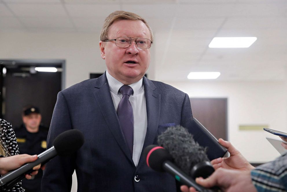 PHOTO: Vladimir Zherebenkov, lawyer of former U.S. Marine Paul Whelan, who was detained and accused of espionage, speaks with journalists after a court hearing in Moscow, Feb. 4, 2020.