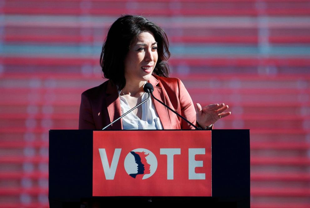 PHOTO: Rep. Paulette Jordan speaks during a women's march rally in Las Vegas, Jan. 21, 2018.