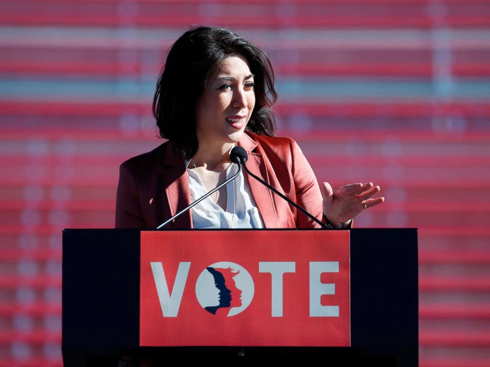 PHOTO: Rep. Paulette Jordan speaks during a womens march rally in Las Vegas, Jan. 21, 2018.