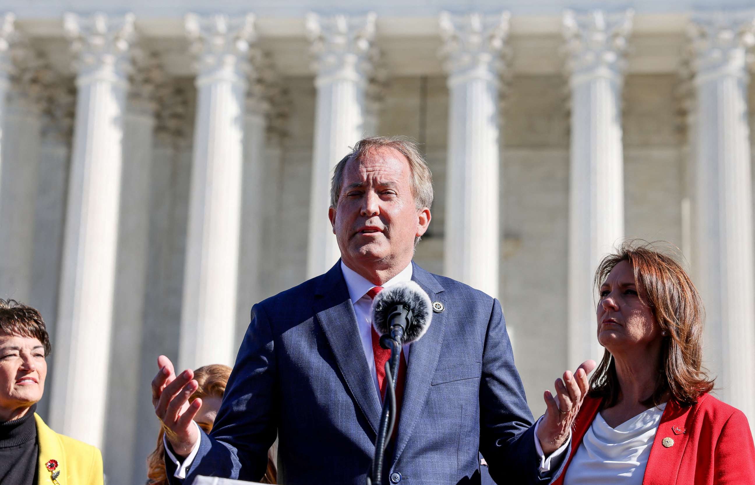 PHOTO: Texas Attorney General Ken Paxton speaks to anti-abortion supporters outside the U.S. Supreme Court, Nov. 1, 2021, in Washington, D.C.
