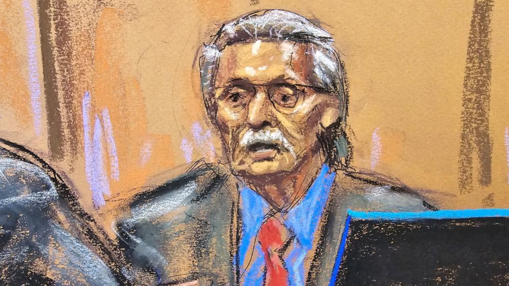 PHOTO: David Pecker is questioned by prosecutor Joshua Steinglass during former President Donald Trump's criminal trial in Manhattan state court in New York City, April 23, 2024 in this courtroom sketch.