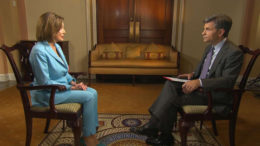 PHOTO: House Speaker Nancy Pelosi sits down for an interview with ABC's George Stephanopoulos, Oct 2, 2019.