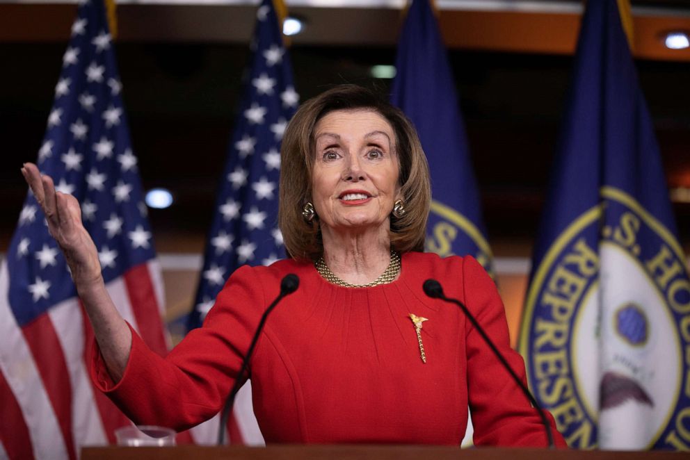 PHOTO: U.S. House Speaker Nancy Pelosi (D-CA) talks about the remaining legislative business and the House of Representatives vote to impeach U.S. President Donald Trump during her final weekly news conference of 2019 at the U.S. Capitol in Washington.