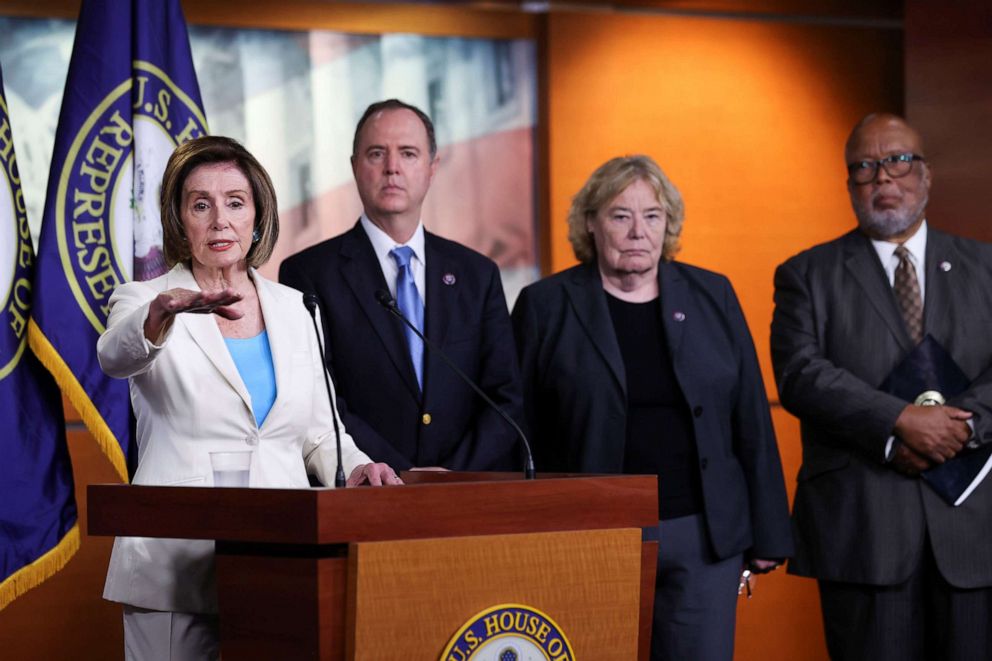 PHOTO: House Speaker Nancy Pelosi, flanked by Reps. Adam Schiff, Zoe Lofgren  and House Homeland Security Committee Chair Benny Thompson, discusses the formation of a select committee to investigate the attack on the Capitol in Washington, July 1, 2021.