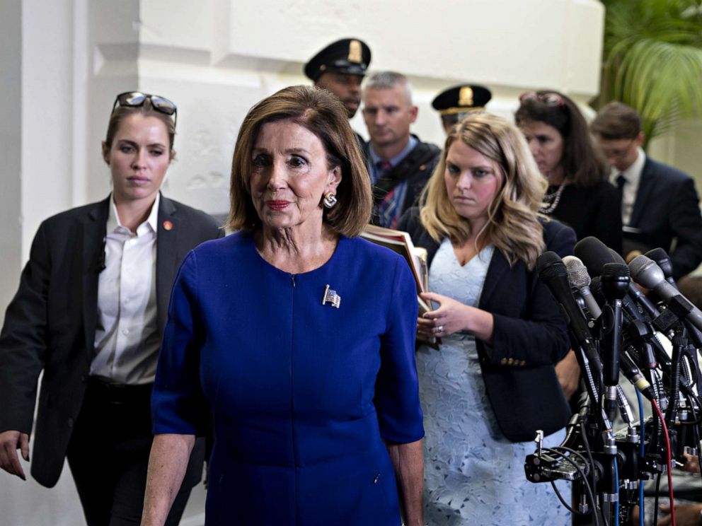 PHOTO: U.S. House Speaker Nancy Pelosi, a Democrat from California, exits a Democratic caucus meeting at the U.S. Capitol in Washington, D.C., U.S., on Tuesday, Sept. 24, 2019.