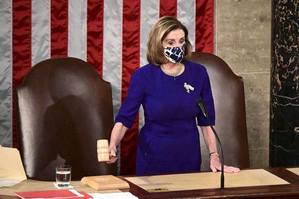 PHOTO: House Speaker Nancy Pelosi, bangs the Speaker's gavel during a joint session of Congress to count the Electoral College votes of the 2020 presidential election in the House Chamber, Jan. 6, 2021. 