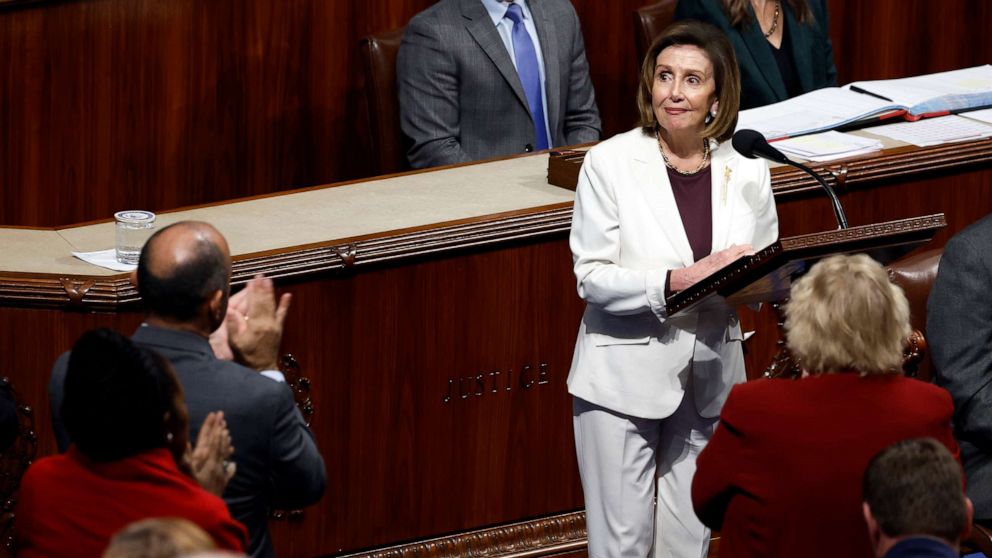 PHOTO: Speaker of the House Nancy Pelosi delivers remarks from the House Chambers of the Capitol Building, Nov. 17, 2022.