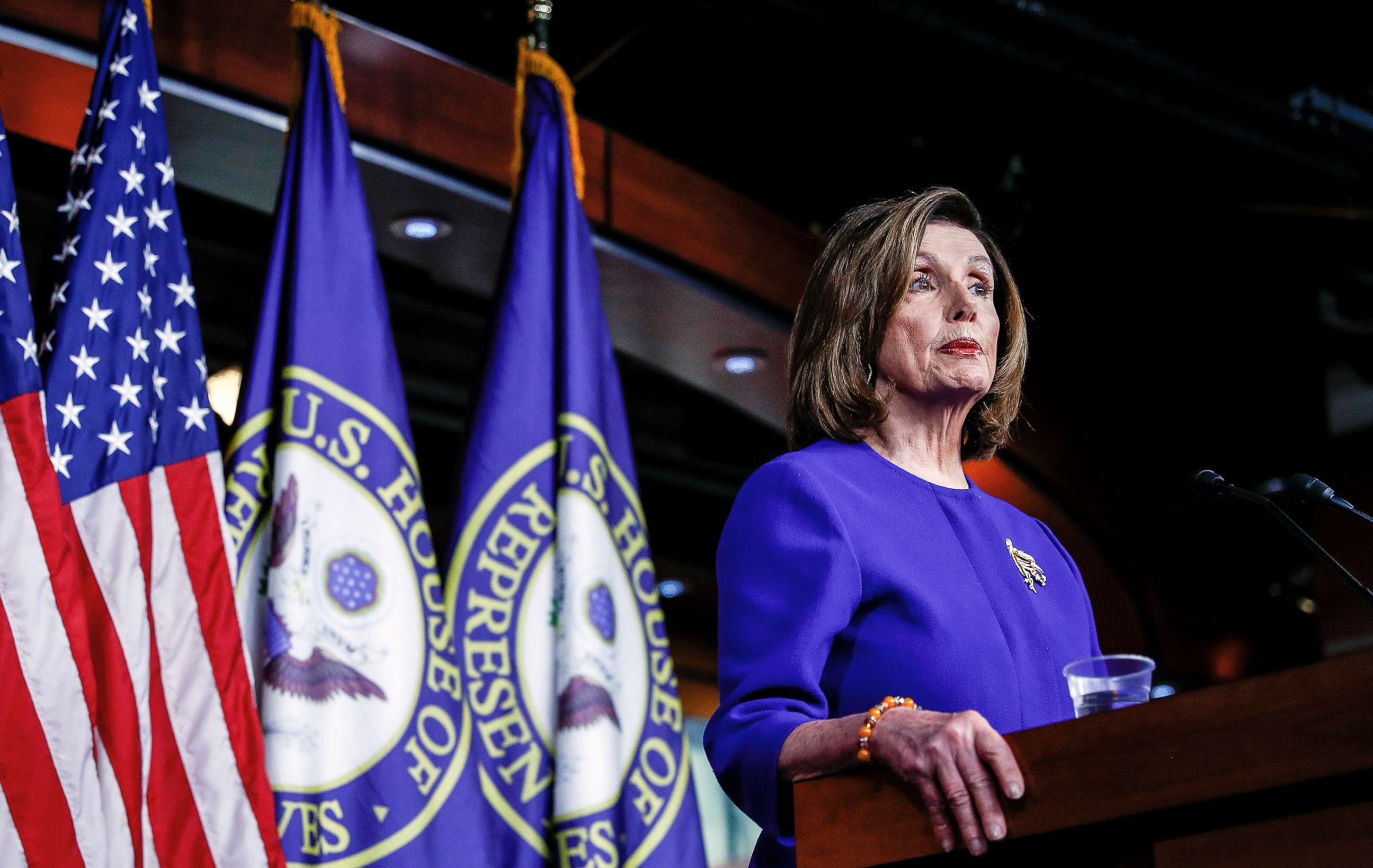 PHOTO: Speaker of the House Nancy Pelosi speaks ahead of a House vote on a war powers resolution, as she addresses her weekly news conference at the U.S. Capitol in Washington, D.C., Jan. 9, 2020.