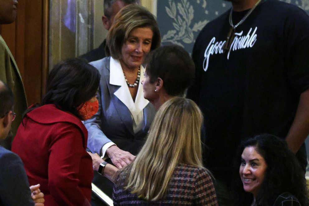 PHOTO: Speaker of the House Rep. Nancy Pelosi greets Gladys Sicknick, mother of fallen Capitol Police Officer Brian Sicknick, after a vote on creating a January 6th Committee at the House Chamber of the Capitol, June 30, 2021.