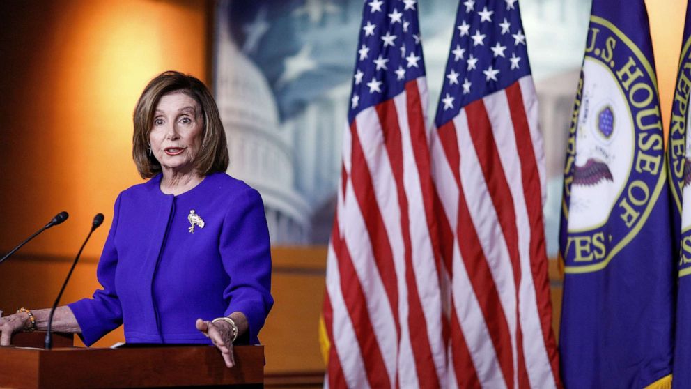 PHOTO: Speaker of the House Nancy Pelosi speaks ahead of a House vote on a War Powers Resolution and amid the impeachment stalemate, as she addresses her weekly news conference at the U.S. Capitol in Washington, D.C., Jan. 9, 2020.