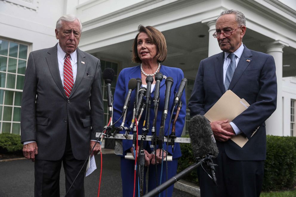 PHOTO: In this Oct. 16, 2019 file photo House Majority Leader Steny Hoyer, left, House Speaker Nancy Pelosi, Senate Minority Leader Chuck Schumer speak to members of the media after a meeting with President Donald Trump at the White House.