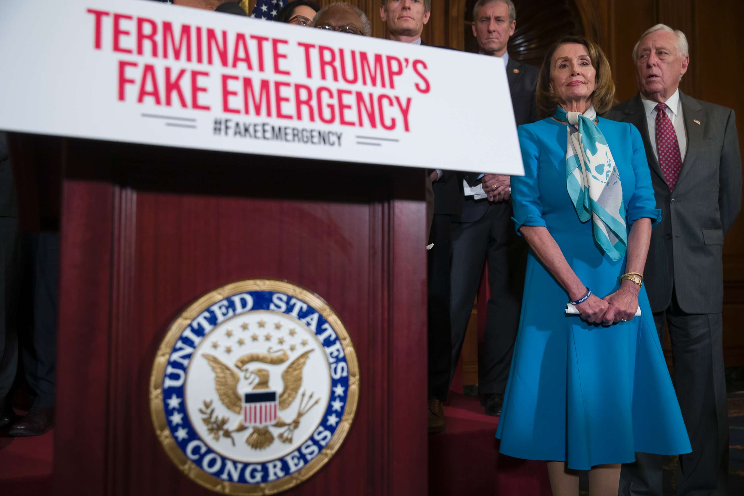 PHOTO: House Speaker Nancy Pelosi of Calif., listens to a speaker about a resolution to block President Donald Trump's emergency border security declaration on Capitol Hill, Feb. 25, 2019. 