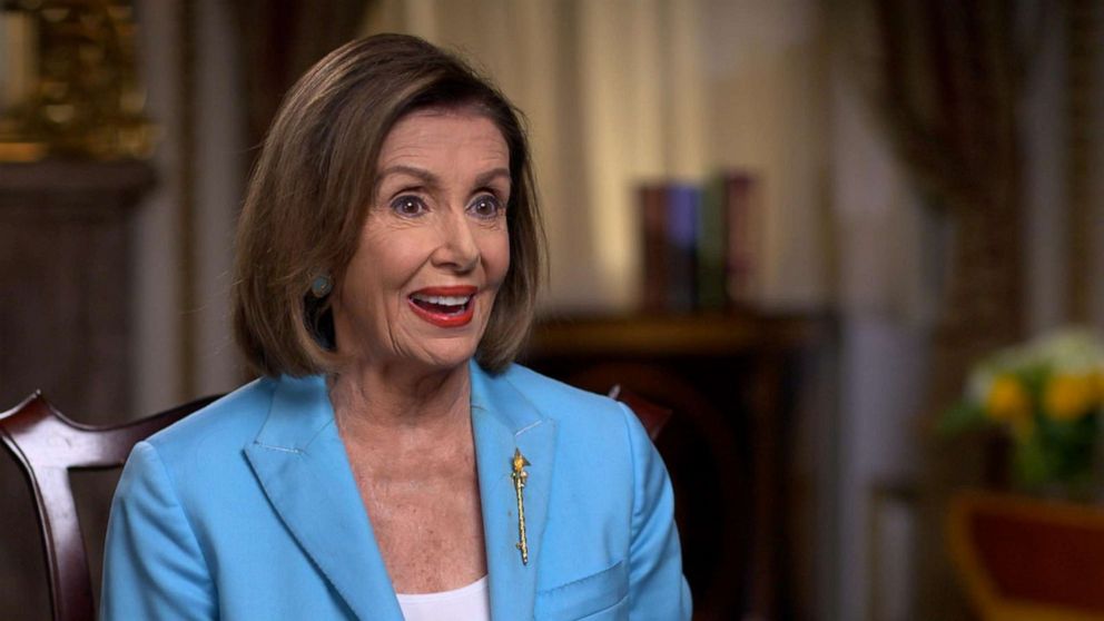 PHOTO: House Speaker Nancy Pelosi sits down for an interview with GMA's George Stephanopoulos, Oct 2, 2019. 