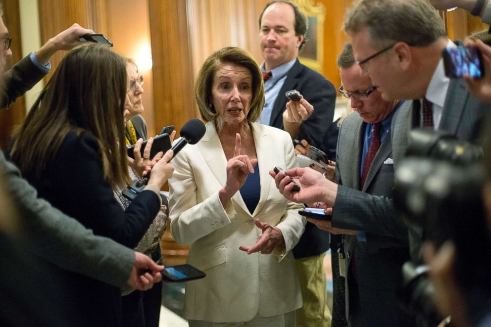 PHOTO: House Minority Leader Nancy Pelosi of Calif., speaks to reporters after staging a marathon, daylong filibuster, on Capitol Hill, Feb. 7, 2018.