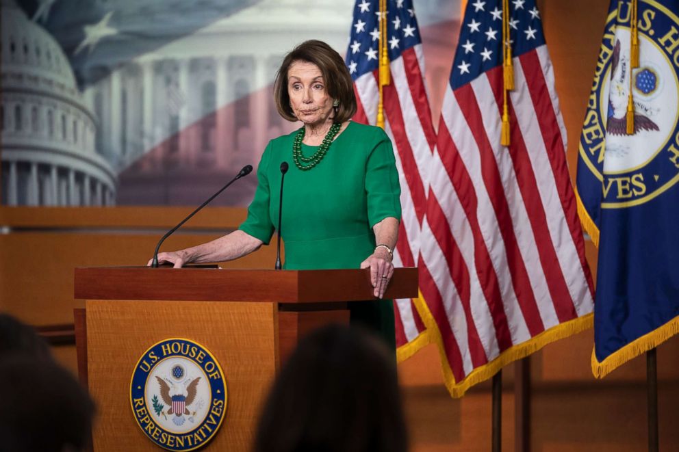 PHOTO: House Democratic Leader Nancy Pelosi of California, the speaker-designate for the new Congress in January, talks to reporters as Congress tries to pass legislation that would avert a partial government shutdown, at the Capitol, Dec. 20, 2018.