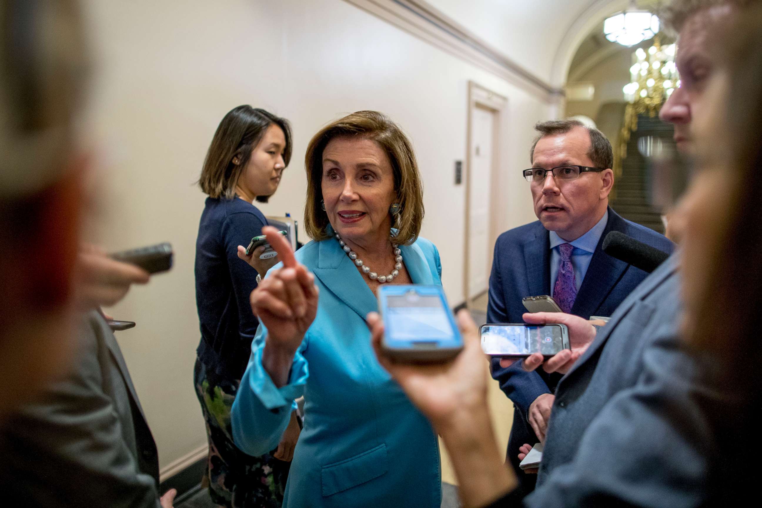 PHOTO:House Speaker Nancy Pelosi of Calif. speaks to reporters following a House Democratic caucus meeting on Capitol Hill, July 10, 2019. 