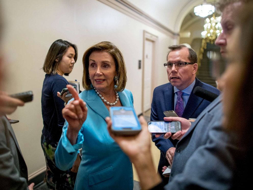 PHOTO:House Speaker Nancy Pelosi of Calif. speaks to reporters following a House Democratic caucus meeting on Capitol Hill, July 10, 2019.