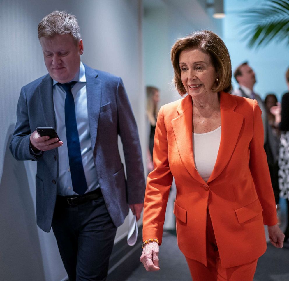 PHOTO: Speaker of the House Nancy Pelosi arrives for a meeting with fellow Democrats on Capitol Hill in Washington, D.C., Feb. 26, 2020.