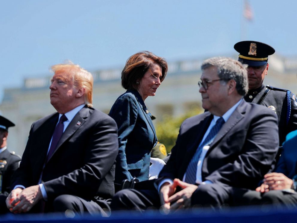PHOTO: Speaker of the House Nancy Pelosi walks behind President Donald Trump and Attorney General William Barr as they all attend the 38th Annual National Peace Officers Memorial Service on Capitol Hill, May 15, 2019. 