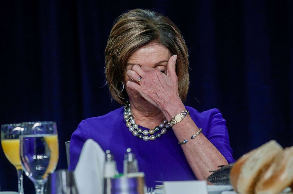 PHOTO: House Speaker Nancy Pelosi is seated as President Donald Trump delivers a speech at the National Prayer Breakfast in Washington, D.C., Feb. 6, 2020.