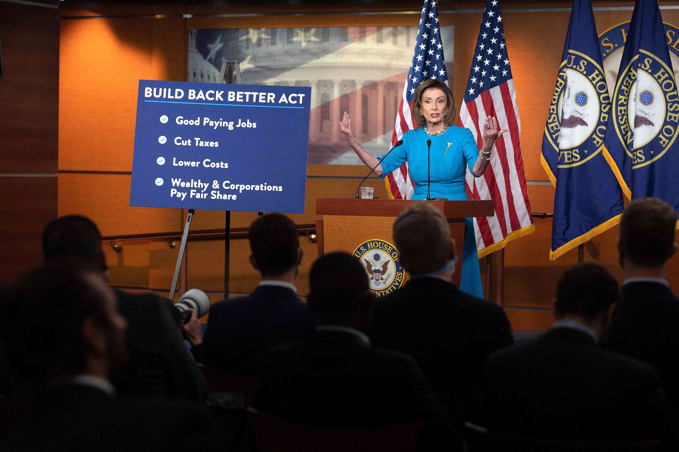 PHOTO: Speaker of the House Nancy Pelosi speaks about the Build Back Better Act during her weekly press conference on Capitol Hill in Washington, D.C., Nov. 18, 2021. 