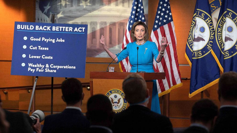 PHOTO: Speaker of the House Nancy Pelosi speaks about the Build Back Better Act during her weekly press conference on Capitol Hill in Washington, D.C., Nov. 18, 2021. 