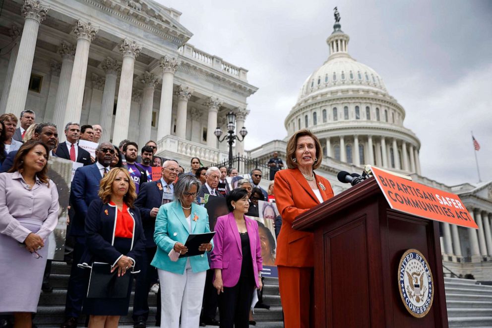 PHOTO: Speaker of the House Nancy Pelosi delivers remarks as she joins fellow Democrats for a rally before voting on the Bipartisan Safer Communities Act in outside the U.S. Capitol on June 24, 2022, in Washington, D.C.