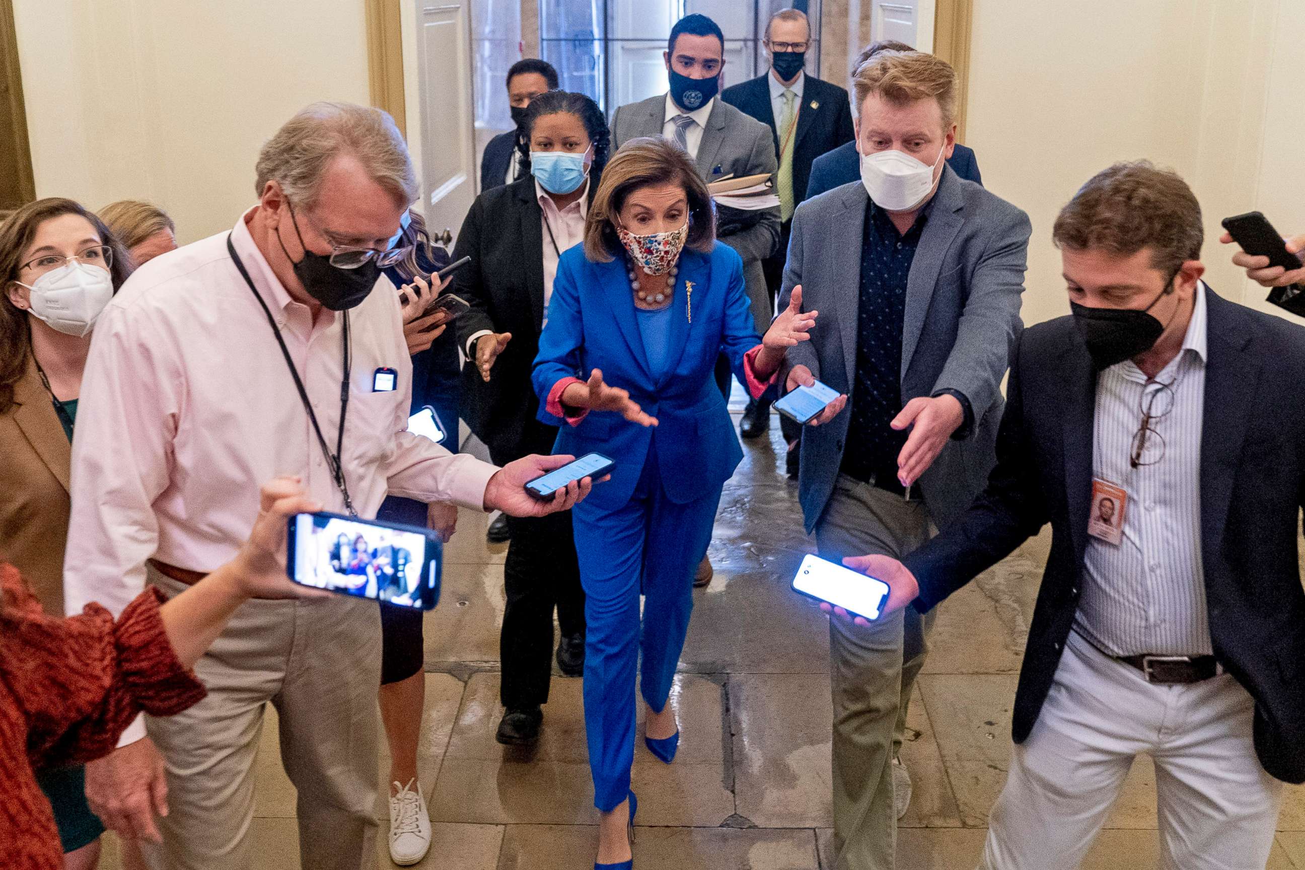 PHOTO: House Speaker Nancy Pelosi arrives at the U.S. Capitol, Sept. 30, 2021, in Washington, D.C. Pelosi indicated she may shelve a Thursday vote on a $1 trillion public works bill without movement on Biden's package.