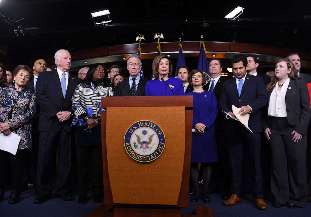 PHOTO: Speaker of the House Nancy Pelosi  and House Ways and Means Committee Chairman Richard Neal speaks about the U.S - Mexico - Canada Agreement, known as the USMCA, on Capitol Hill in Washington, D.C, Dec. 10, 2019.