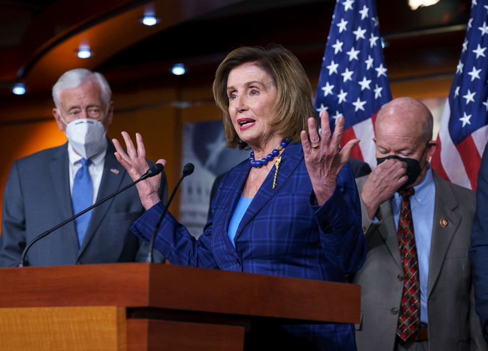 PHOTO: Speaker of the House Nancy Pelosi, D-Calif., flanked by Majority Leader Steny Hoyer, D-Md., left, discusses her legislative agenda, including voting rights, public health, and infrastructure, during a news conference at the Capitol, July 30, 2021.