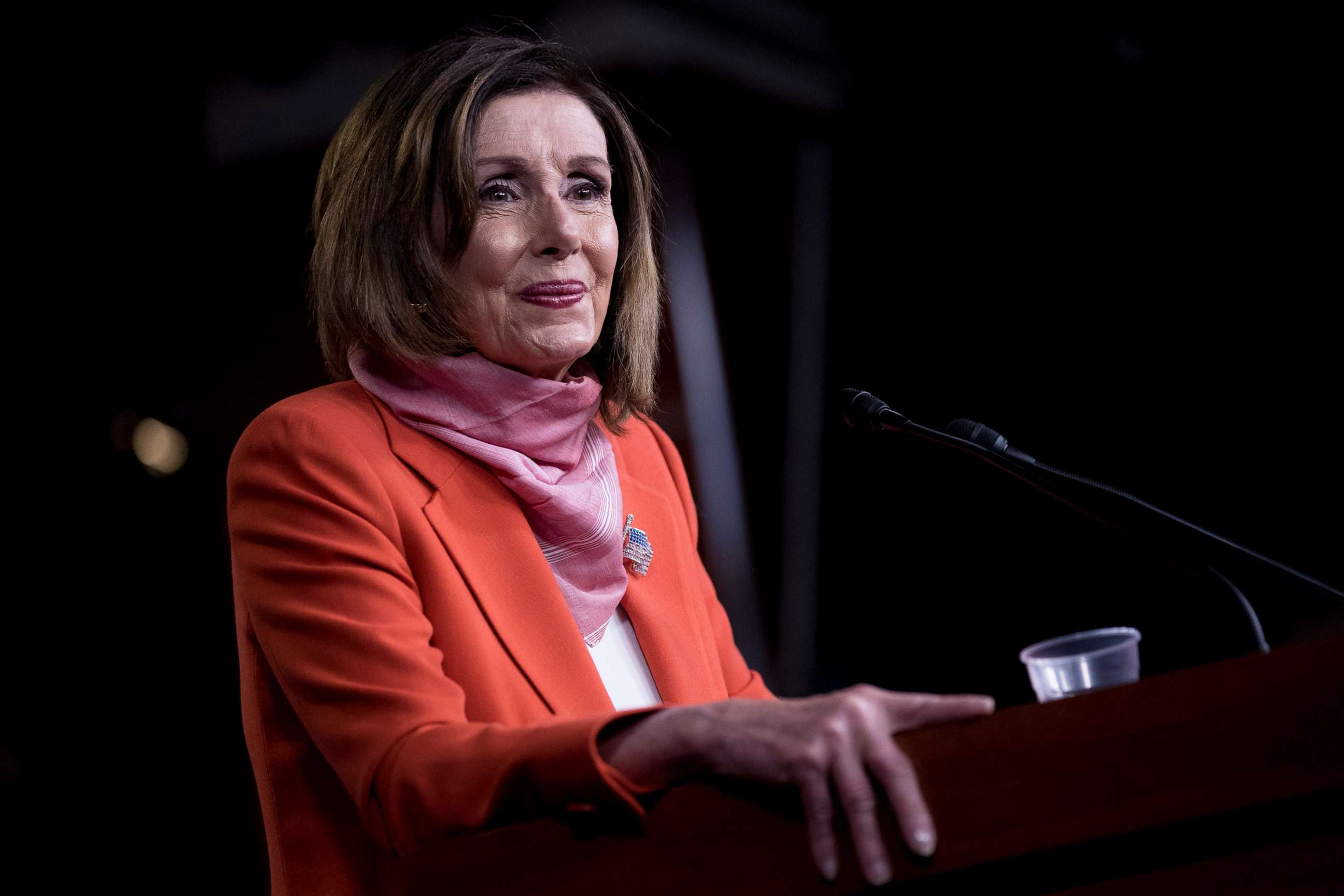 PHOTO: House Speaker Nancy Pelosi takes a question from a reporter during a news conference on Capitol Hill in Washington, April 24,2020.