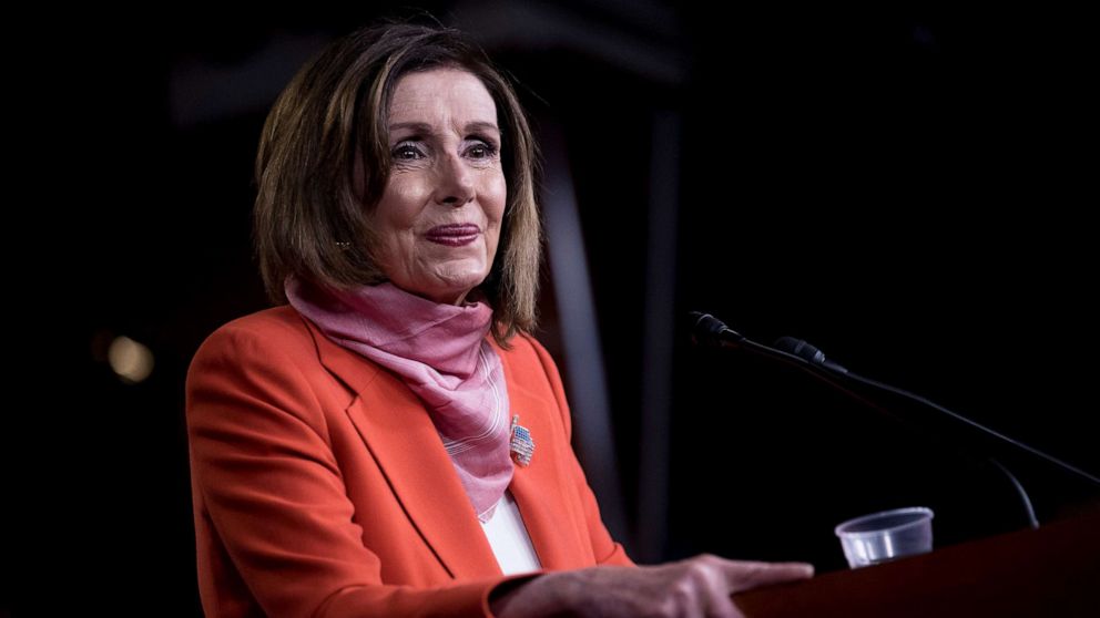 PHOTO: House Speaker Nancy Pelosi takes a question from a reporter during a news conference on Capitol Hill in Washington, April 24,2020.