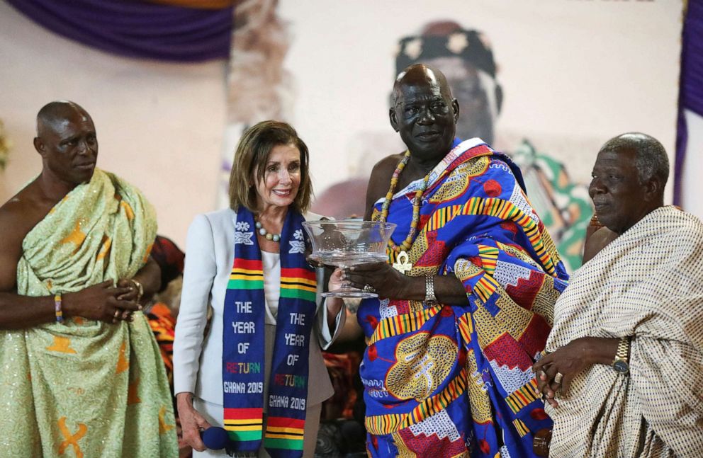 PHOTO: Speaker of the House Nancy Pelosi poses for a photograph after presenting a gift to Paramount Chief of Cape Coast traditional area, Osabarima Kwesi Atta II, in Ghana July 30, 2019.