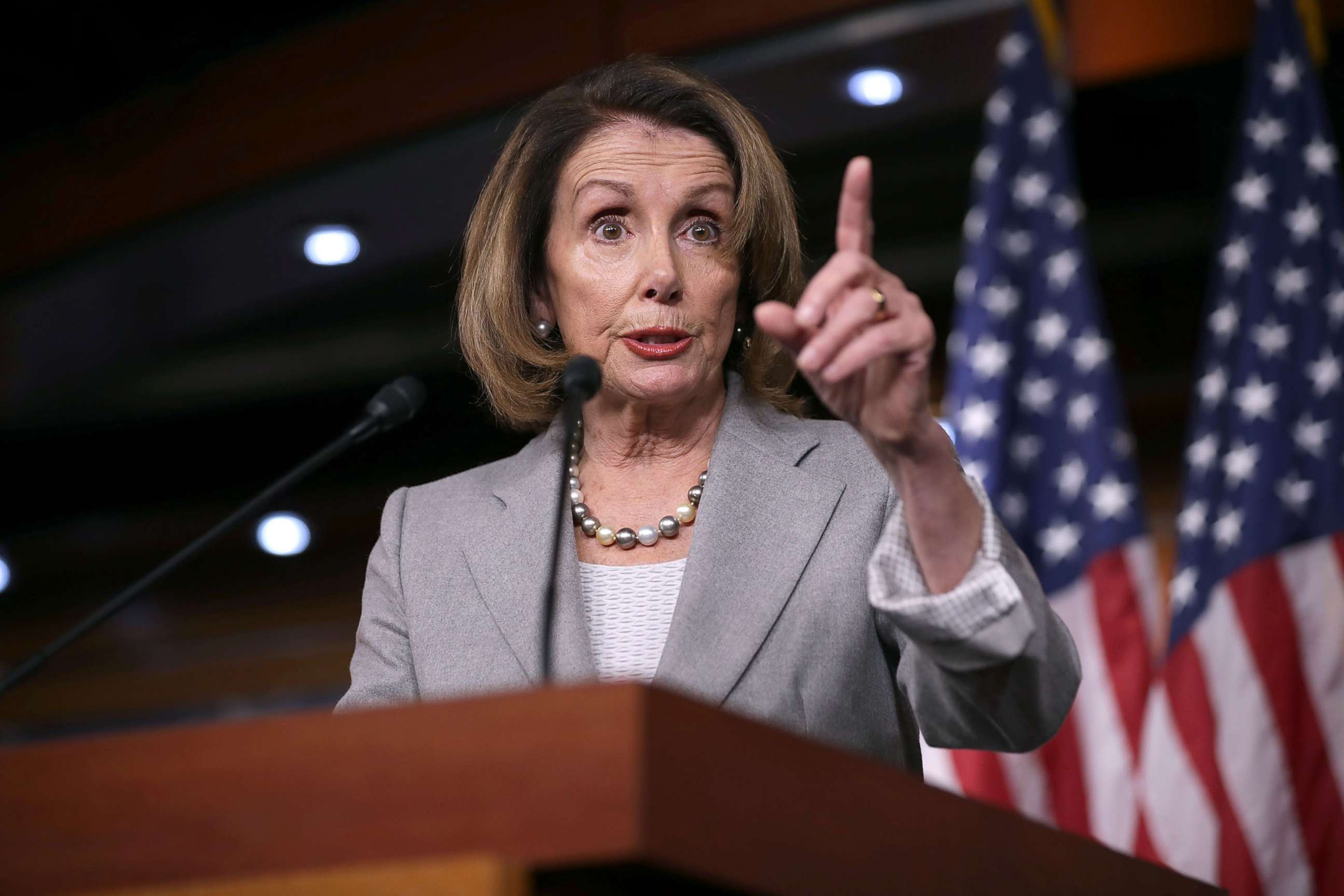 PHOTO: House Minority Leader Nancy Pelosi (D-CA) holds her weekly news conference in the U.S. Capitol Visitors Center, Nov. 30, 2017, in Washington, D.C.