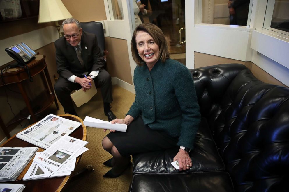 PHOTO: House Minority Leader Nancy Pelosi (D-CA) and Senate Minority Leader Chuck Schumer (D-NY) meet prior to a news conference at the U.S. Capitol, March 22, 2018.