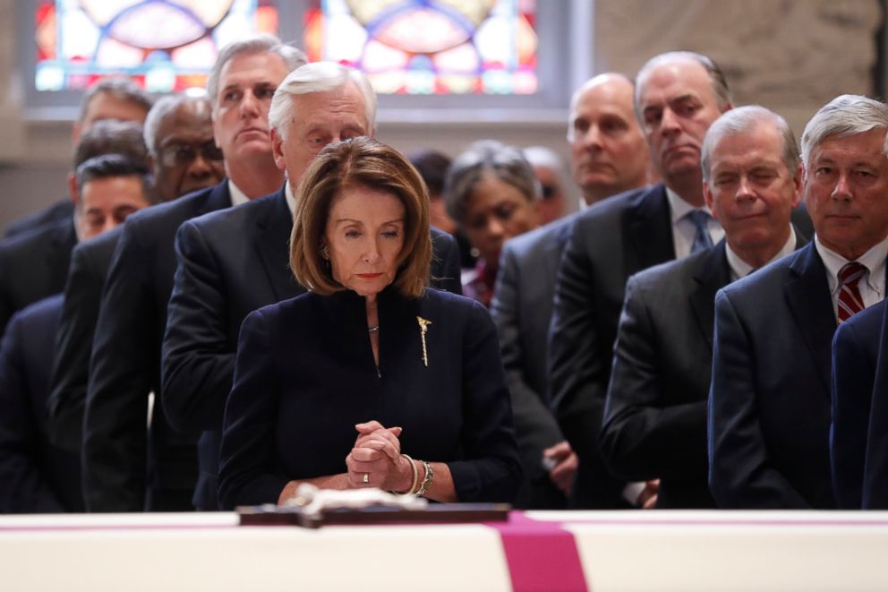 PHOTO: House Speaker Nancy Pelosi stands during funeral services for former Rep. John Dingell, Feb. 14, 2019, at Holy Trinity Catholic Church in Washington D.C. 