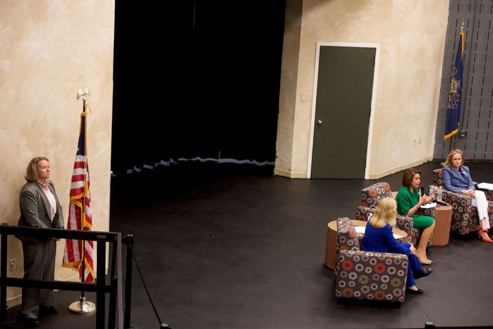 PHOTO: A member of the Secret Service monitors activity as House Speaker Nancy Pelosi (D-CA) at Delaware County Community College for a talk on education, May 24, 2019, in Media, Penn.  