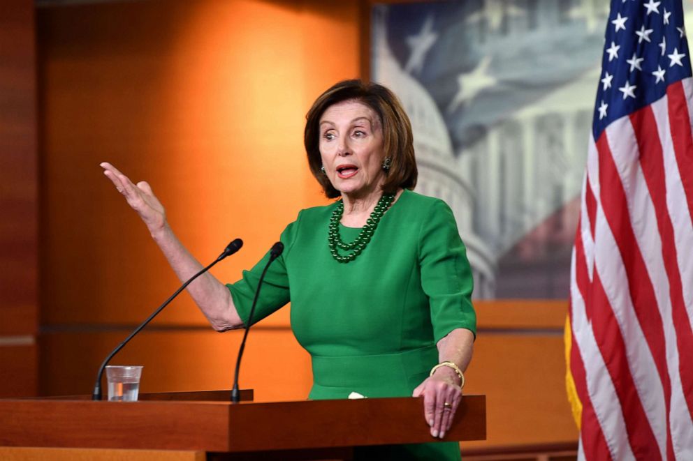 PHOTO: House Speaker Nancy Pelosi speaks to the media during her weekly briefing, March 12, 2020, on Capitol Hill.