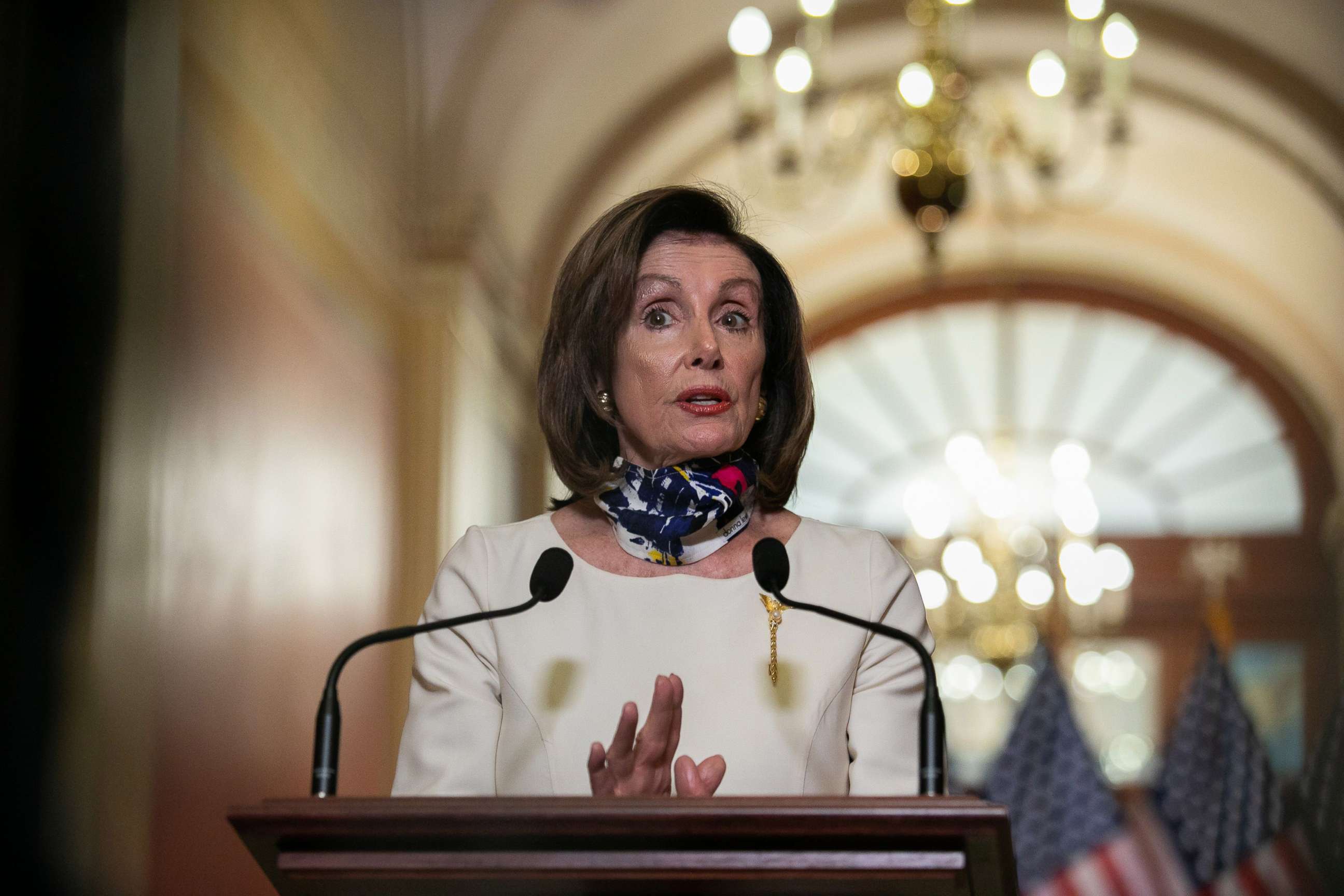 PHOTO: Speaker of the House Nancy Pelosi speaks about The Heroes Act, a $3 trillion bill to aid in recovery from the coronavirus pandemic, at the Capitol, May 12, 2020. 