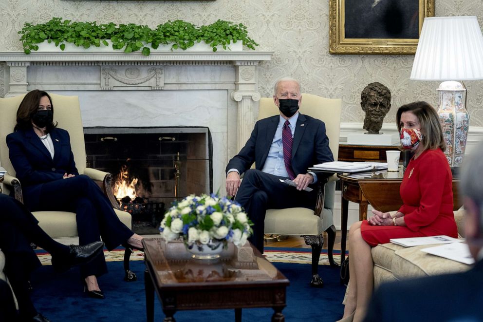 PHOTO: President Joe Biden, Vice President Kamala Harris, and House Speaker Nancy Pelosi during a meeting in the Oval Office, Feb. 5, 2021. 