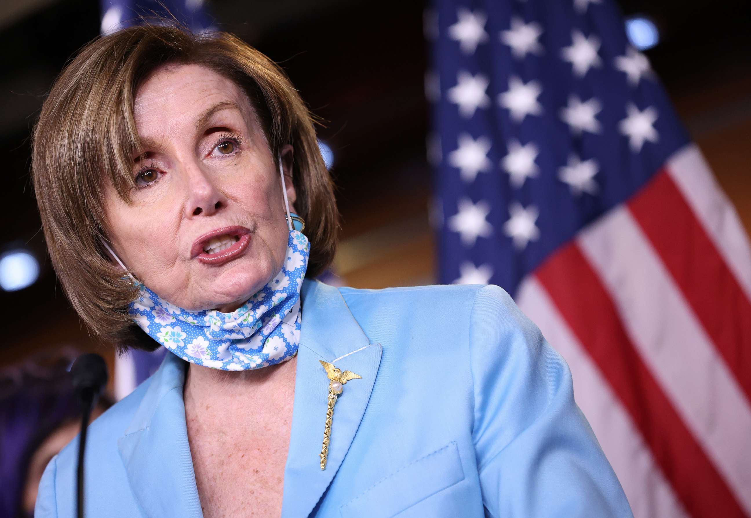 PHOTO: Speaker of the House Nancy Pelosi answers questions at a press conference on the establishment of a commission to investigate the events surrounding the January 6 insurrection at the Capitol, May 19, 2021, in Washington, DC.