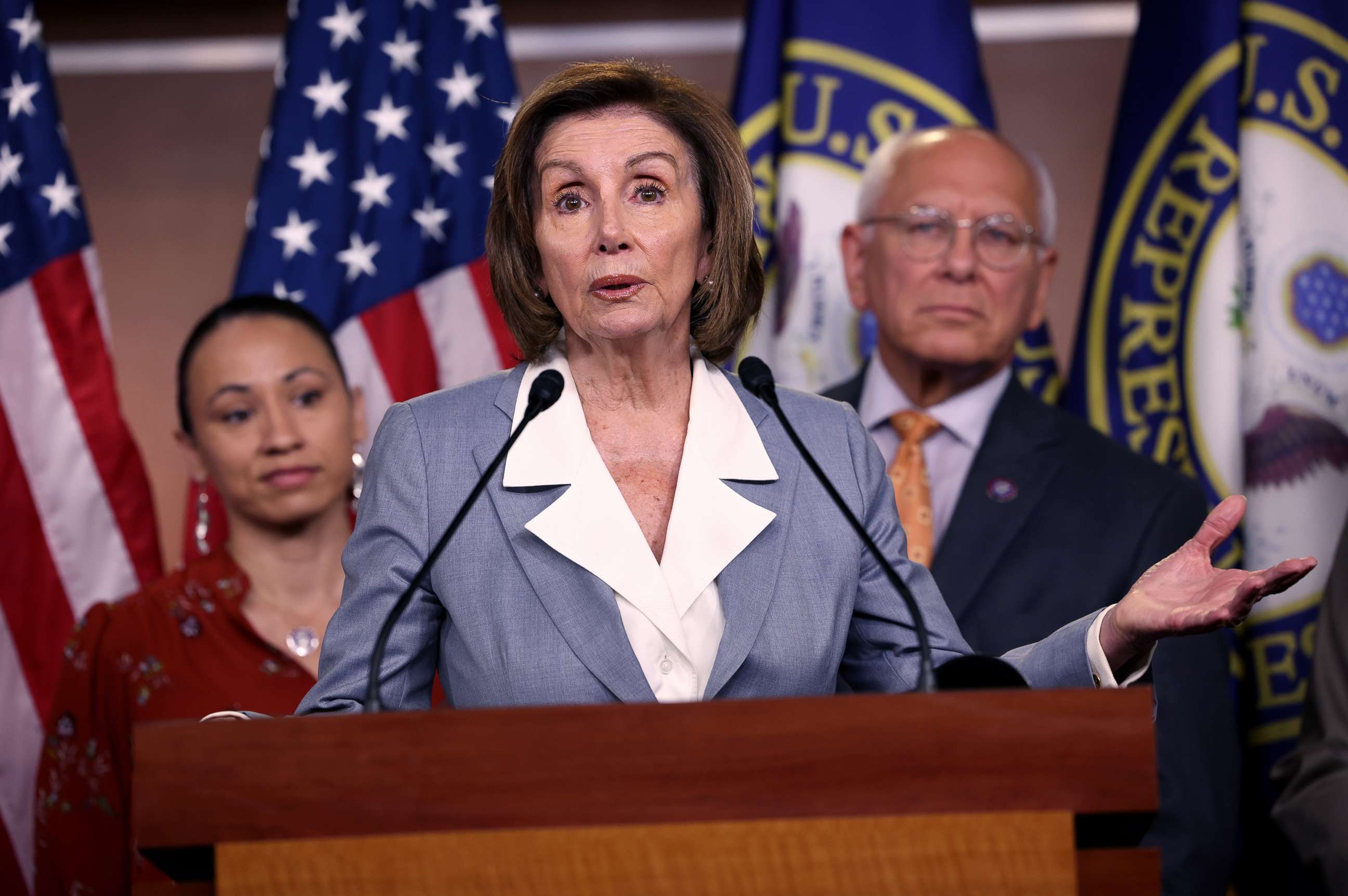 PHOTO: Speaker of the House Nancy Pelosi speaks alongside Rep. Sharice Davids and Rep. Paul Tonko at a press conference on the INVEST in America Act, June 30, 2021, in Washington, D.C. 