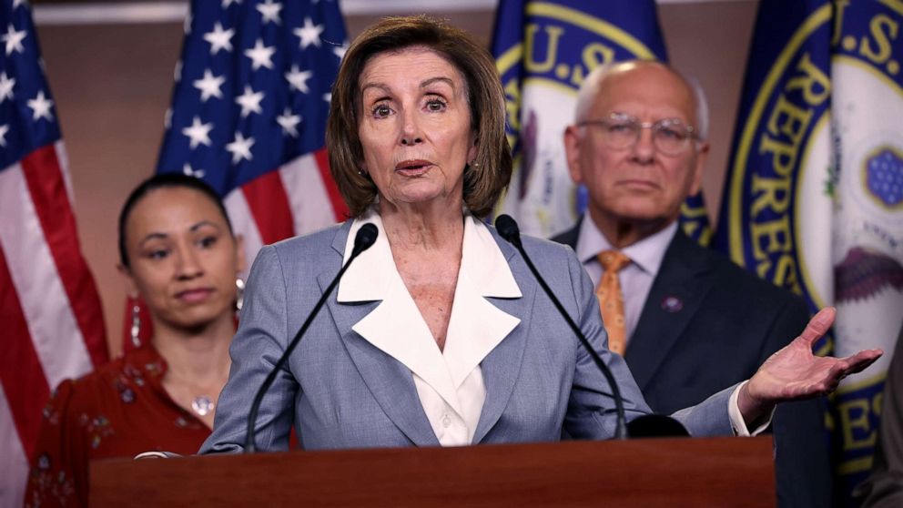 PHOTO: Speaker of the House Nancy Pelosi speaks alongside Rep. Sharice Davids and Rep. Paul Tonko at a press conference on the INVEST in America Act, June 30, 2021, in Washington, D.C. 