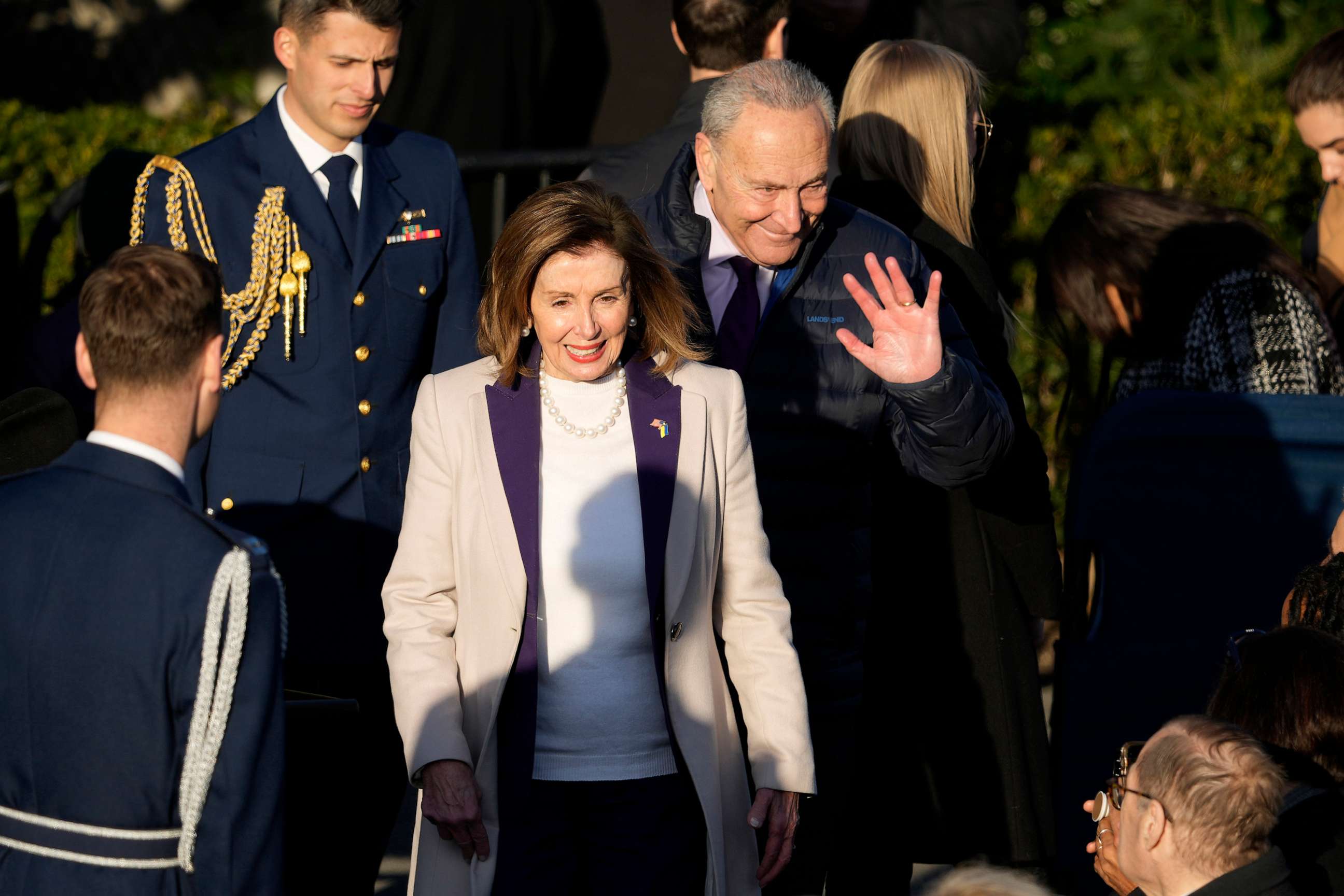 PHOTO: House Speaker Nancy Pelosi and Senate Majority Leader Chuck Schumer arrive before President Joe Biden speaks during a bill signing ceremony for the Respect for Marriage Act, Dec. 13, 2022, on the South Lawn of the White House.