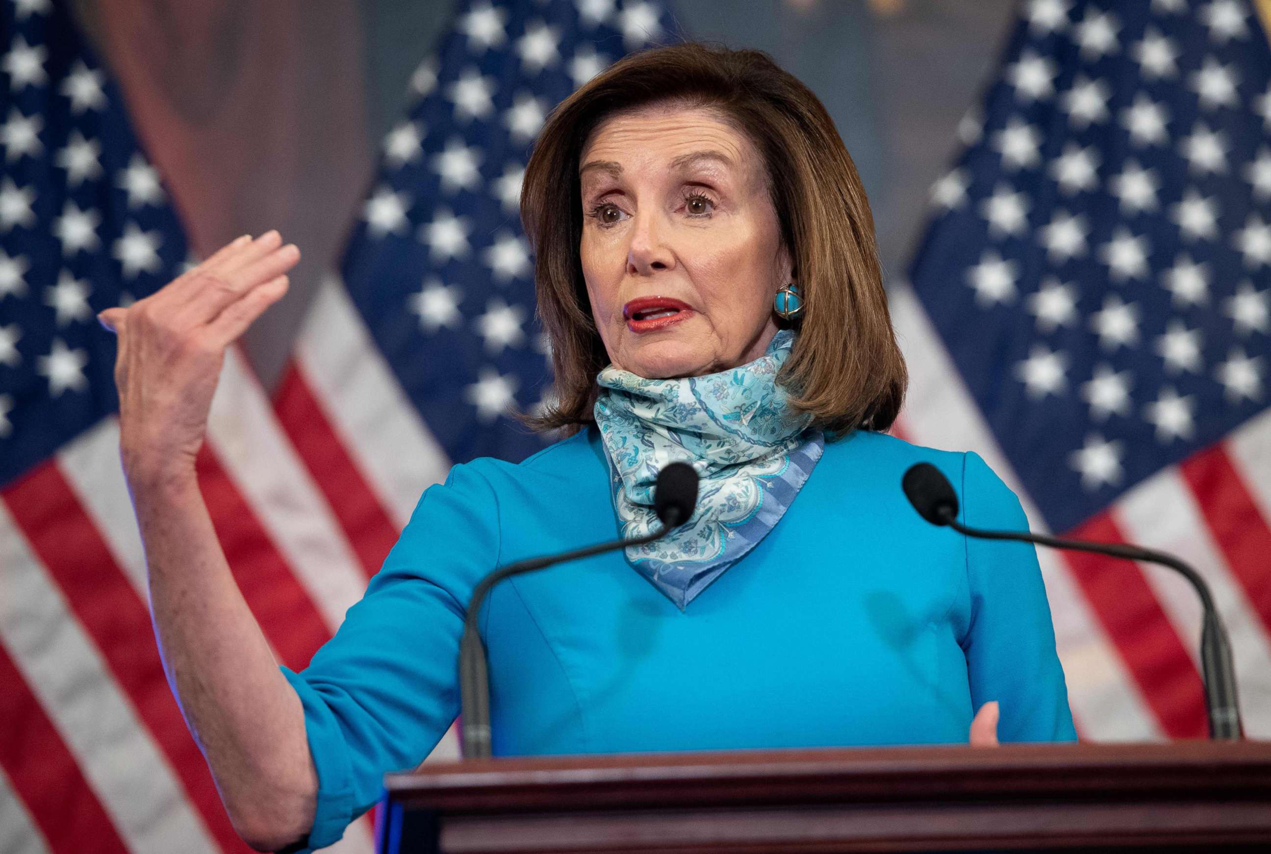 PHOTO: Speaker of the House Nancy Pelosi speaks about the coronavirus pandemic during her weekly press conference at the US Capitol in Washington, DC, May 7, 2020.