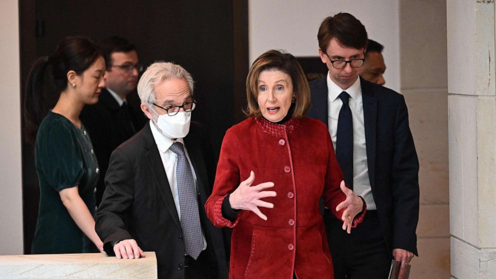 PHOTO: Speaker of the House, Nancy Pelosi arrives for her final weekly press briefing in the US Capitol Visitor Center in Washington, D.C., on Dec. 22, 2022.
