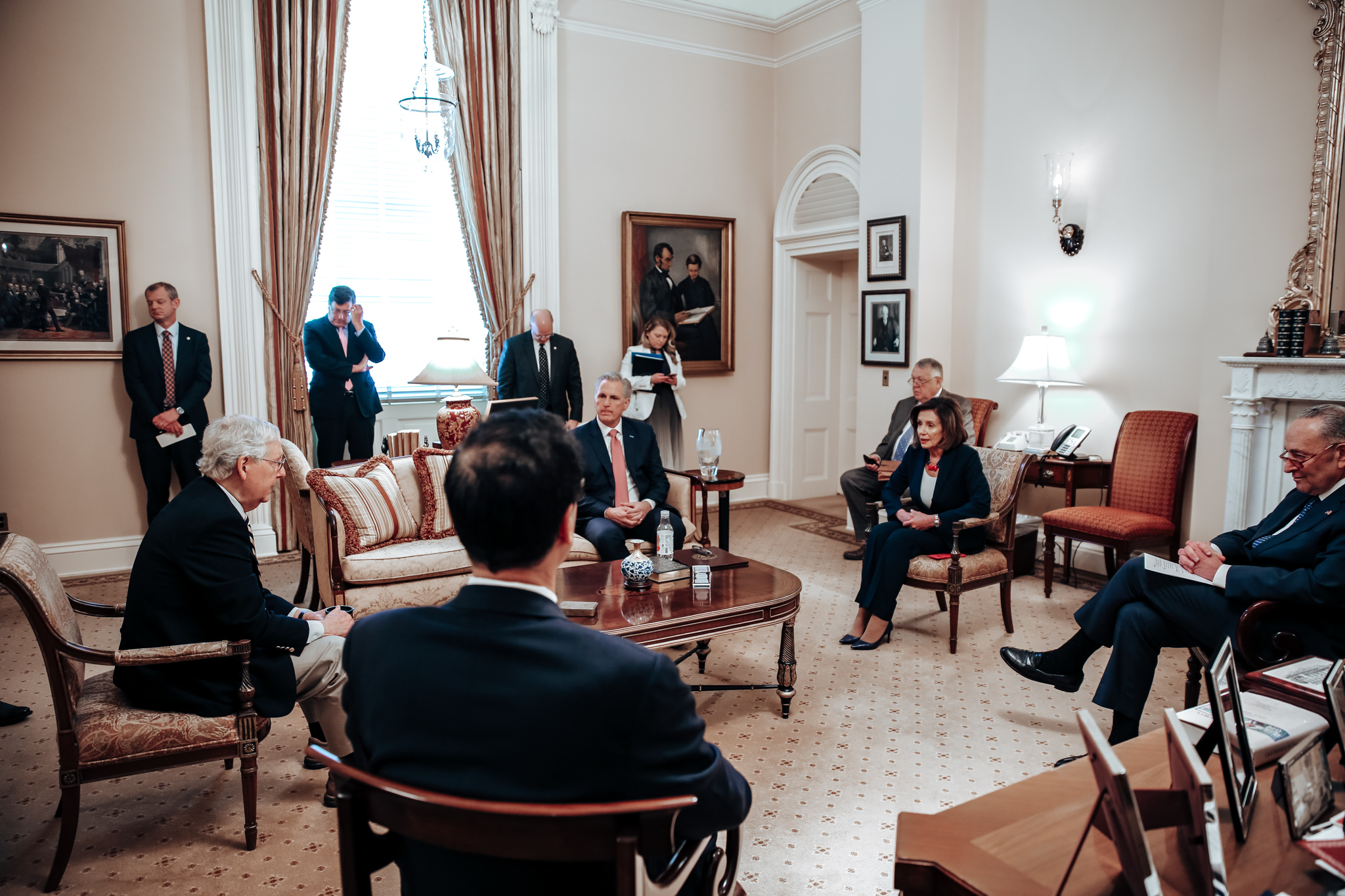 PHOTO: Senate Majority Leader Mitch McConnell hosted Speaker of the House Nancy Pelosi in his office to discuss the Coronavirus Aid, Relief, and Economic Security (CARES) Act, March 22, 2020. 