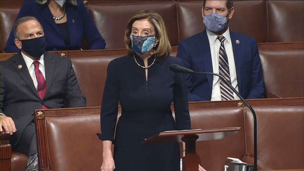 PHOTO: Speaker of the House Nancy Pelosi makes remarks s the House takes up an impeachment resolution against President Trump, Jan. 13, 2021, following the attack on the U.S. Capitol.